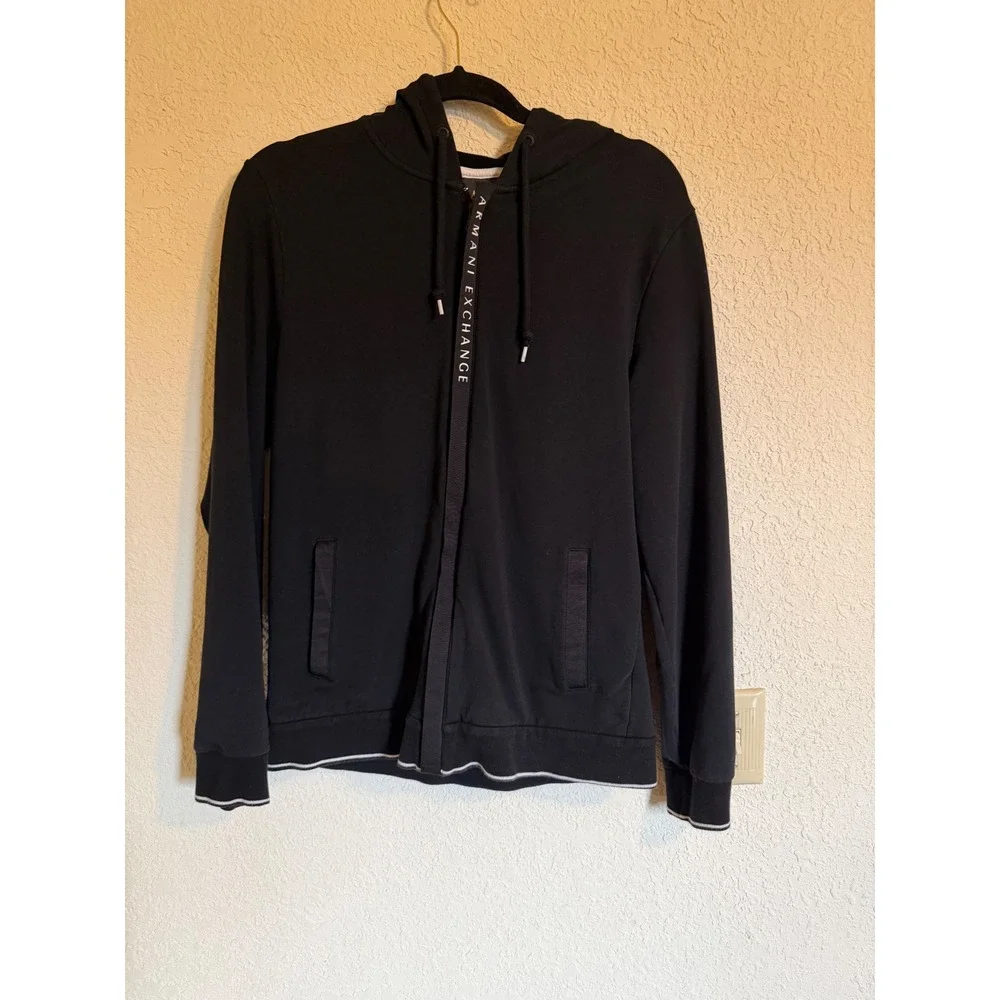 Armani Exchange Mens Black Full Zip Logo Tape Hoodie Sweatshirt Medium Fall 2014